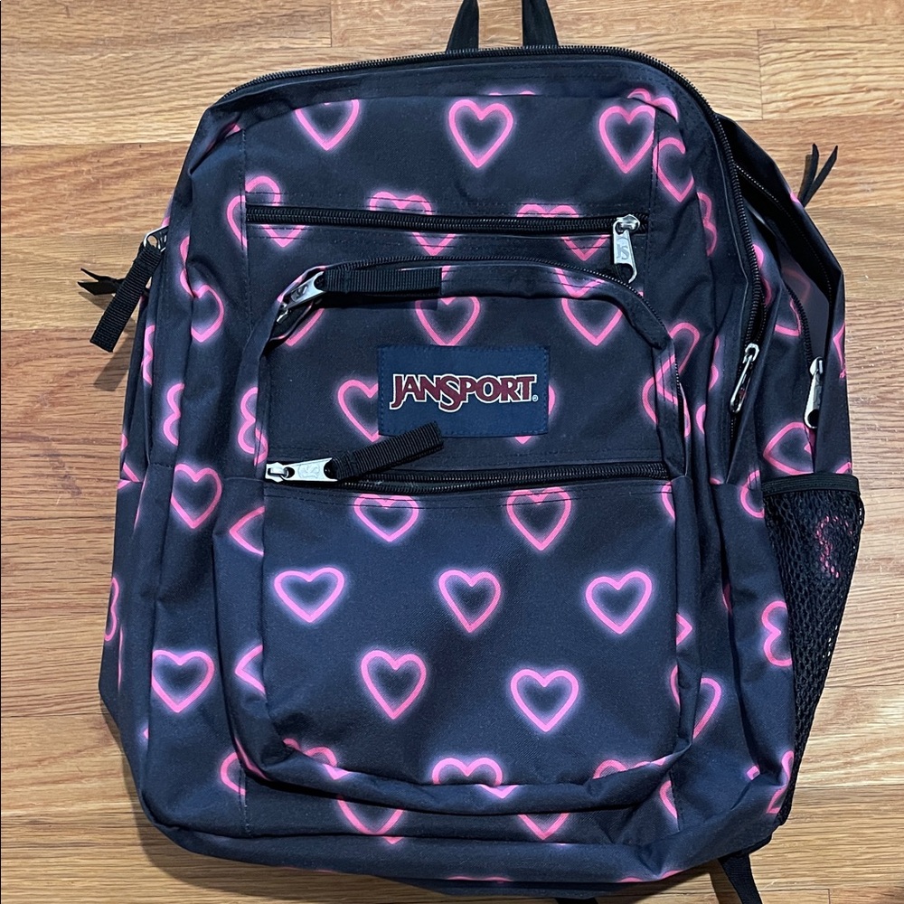 Jansport Black Backpack with Neon Pink Hearts